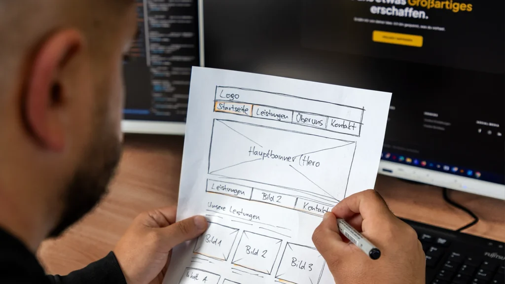 Webdesigner skizziert einen Website-Entwurf (Wireframe) mit Stift auf Papier vor zwei Monitoren