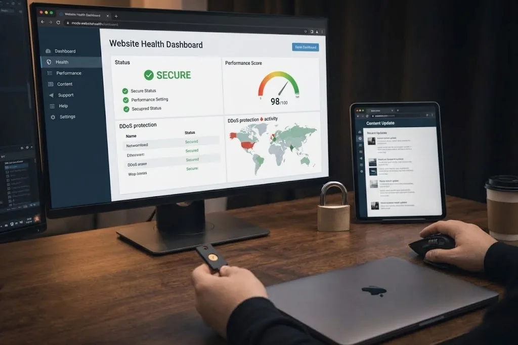 Arbeitsplatz mit Website-Health-Dashboard auf dem Monitor: Sicherheitsstatus, Performance-Wert und Updates im Überblick