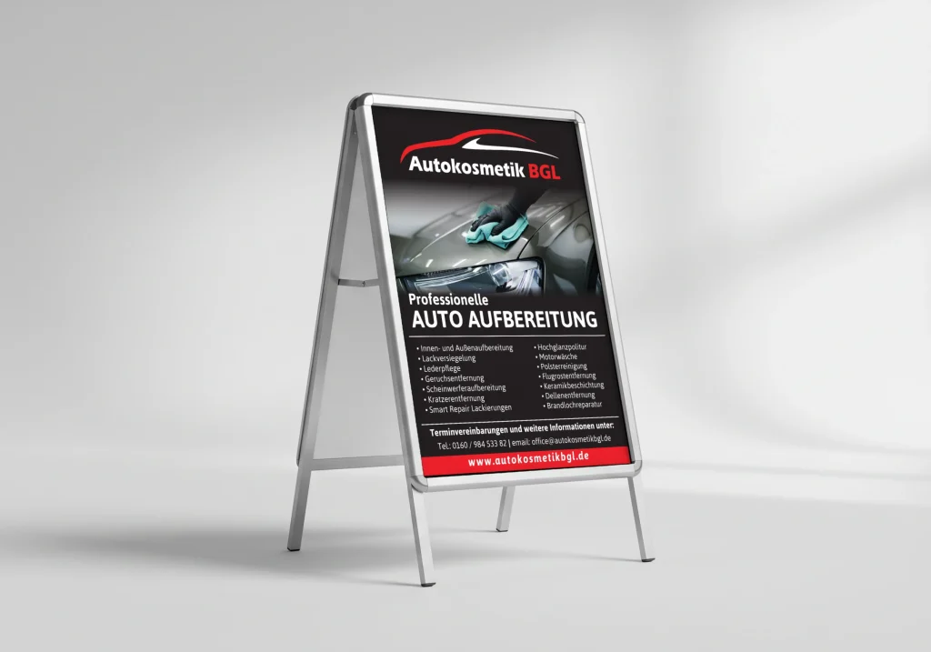 Plakat im Kundenstopper für Autokosmetik BGL