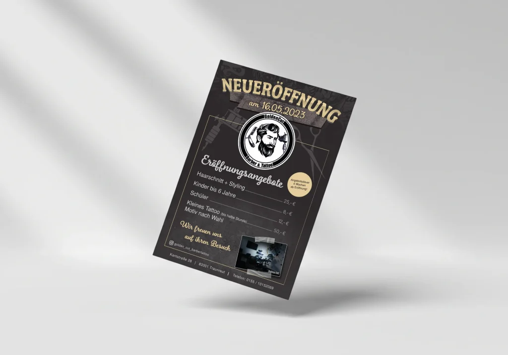 Flyer DIN A5 zur Neueröffnung von Golden Cut
